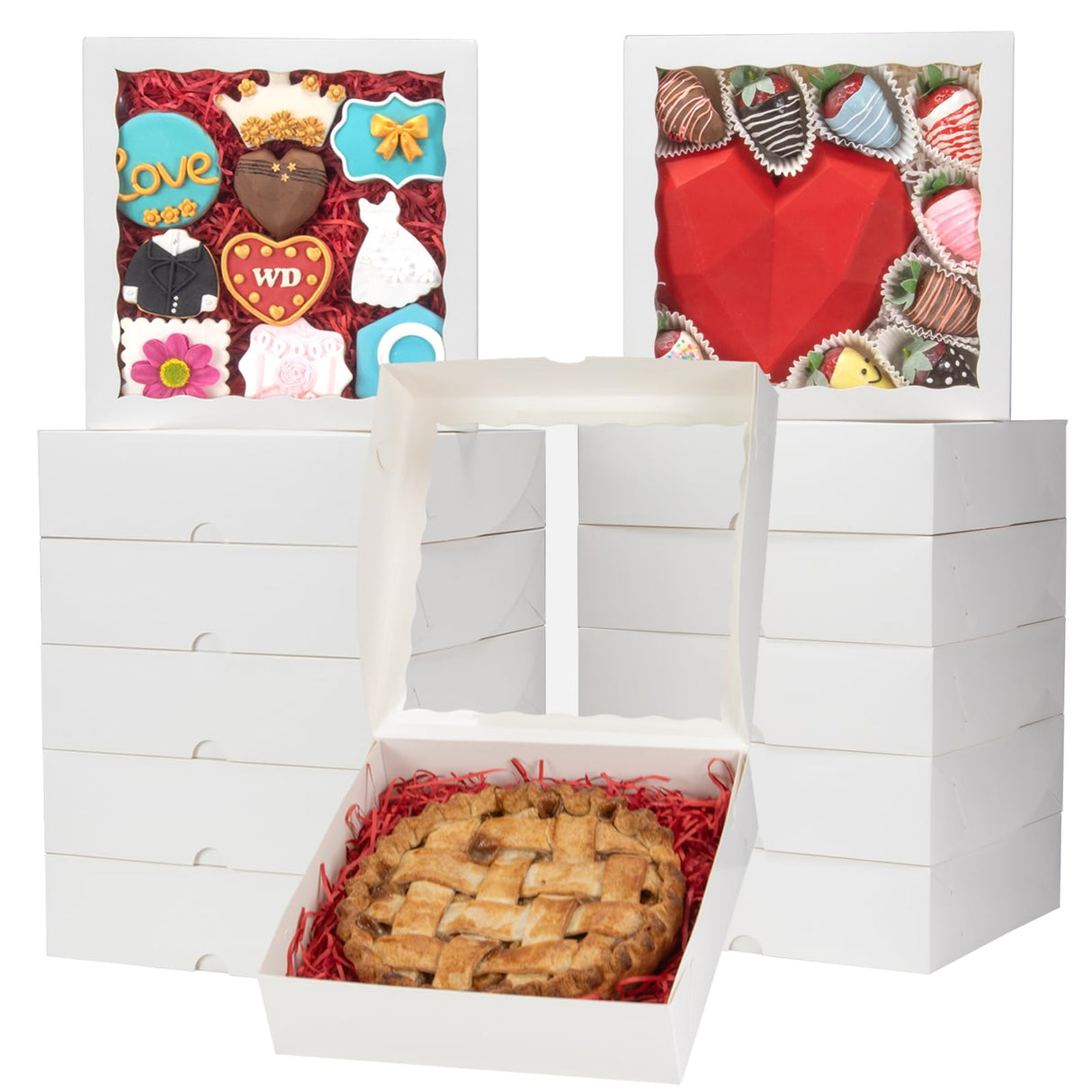 TEMLQPACK 50pcs 9x9x2.5 Inches White Bakery Boxes - Cookies, Pie, Chocolate Covered Strawberries, Breakable Heart, Charcuterie Boxes for Valentine's & Christmas