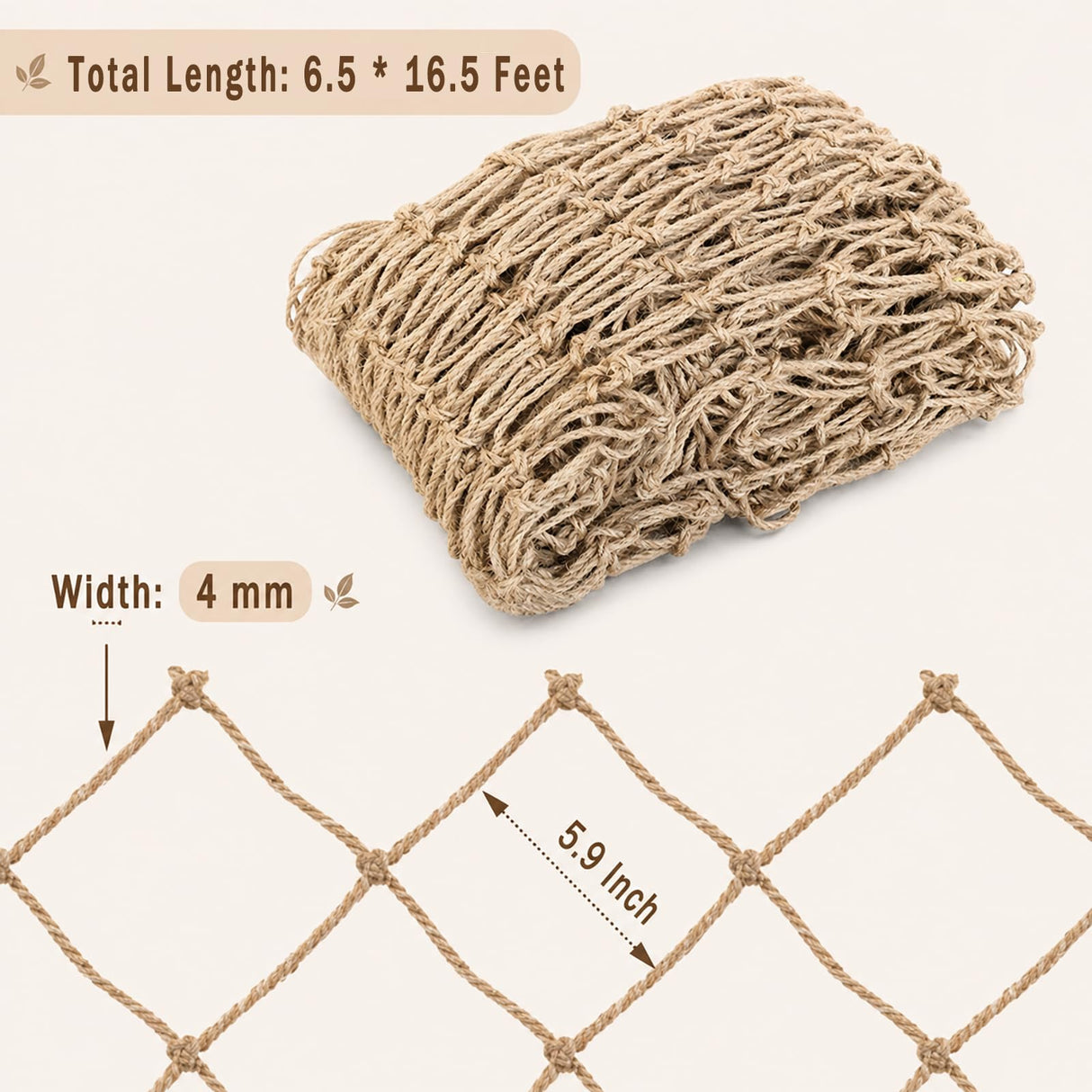 Jute Trellis Netting for Climbing Plants, Heavy Duty Jute Plant Support Net Natural Jute Hemp Rope Net with 5.9 inch Mesh for Climbing Vine Vegetables Cucumber, Tomatoes, Peas (6.5 * 16.5 FT)