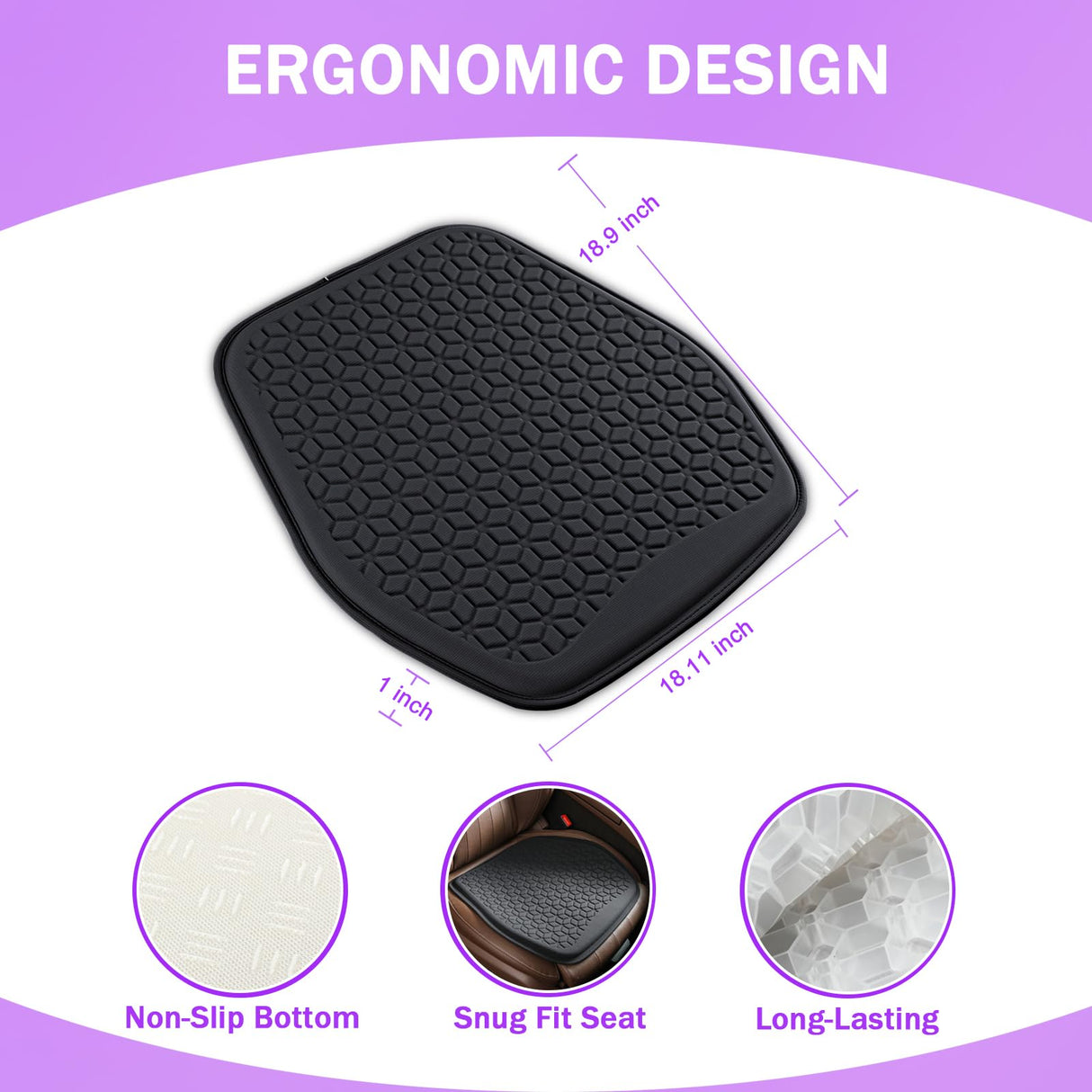 Binsheo Thin Gel Seat Cushion for Car Seat, Office Chair, Wheelchair, Golf Cart - Non-Slip Car Seat Cushions with 1 Inch Gel - Sciatica & Coccyx Pain Relief (Fabric, Black)