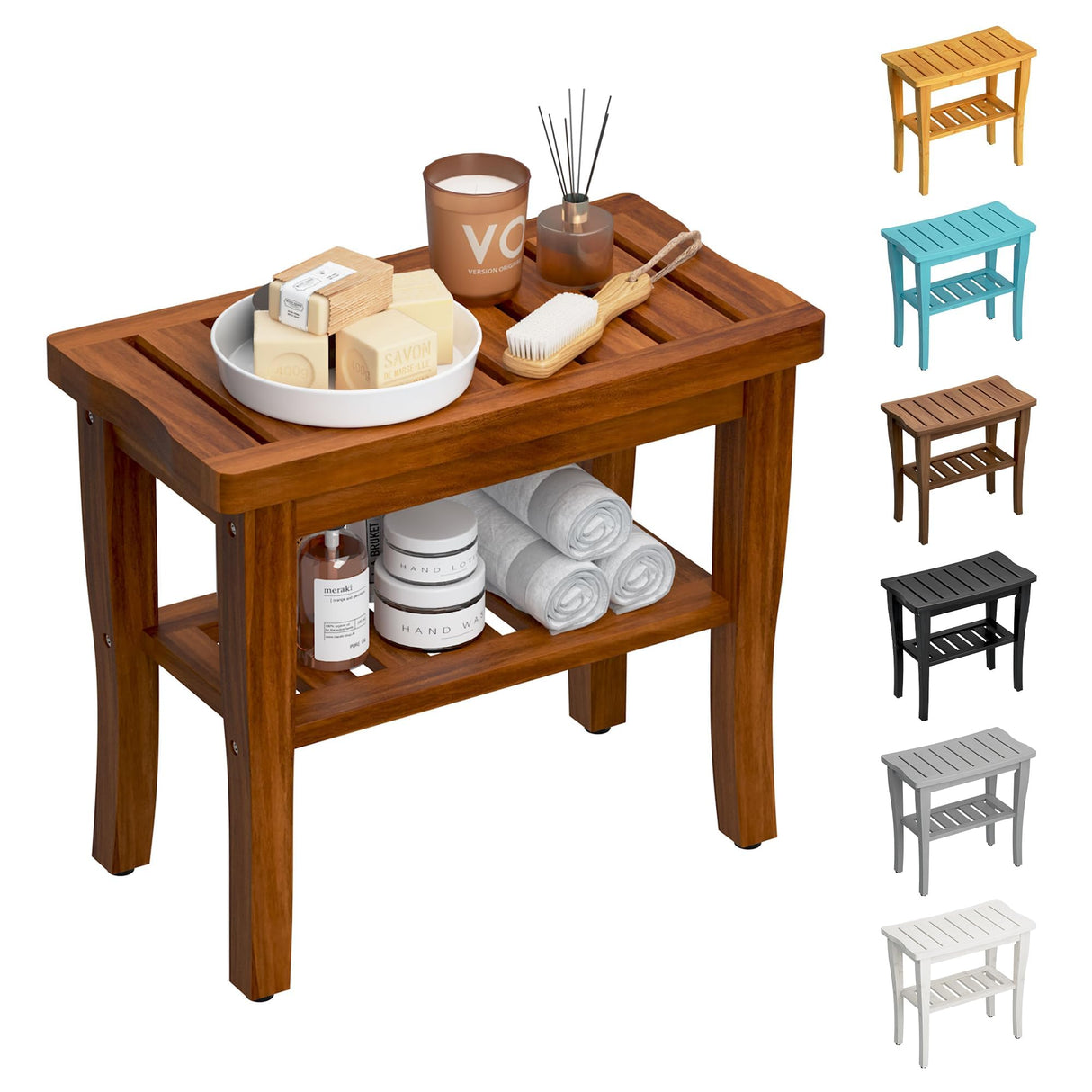 Teak Shower Bench Stool with Storage Shelf, Waterproof Shower Chair Spa Bath Seat, Shower Stool for Inside Shower, Bathroom Bench Seat for Adults Elderly Seniors for Indoor or Outdoor Use