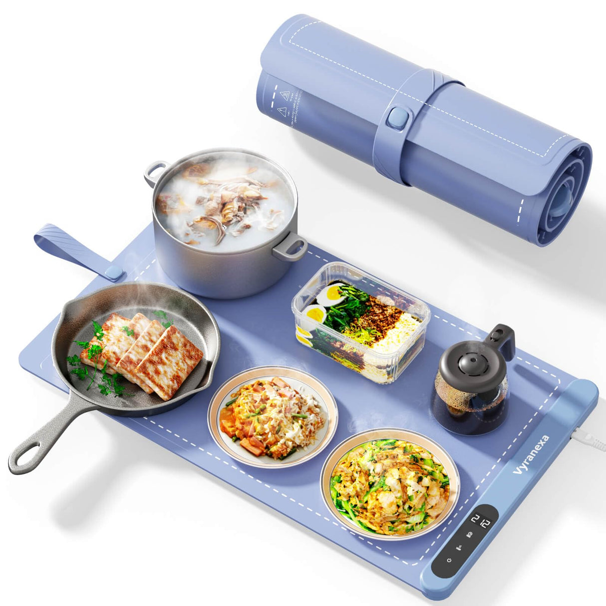 Food Warming Mat for Food, Upgrade High-tech Graphene Heating with 6-Level Adjustable Temperature and 6-Hour Timer, Silicone Roll Up Food Warming Tray, Portable for Parties (Light Blue, Large)
