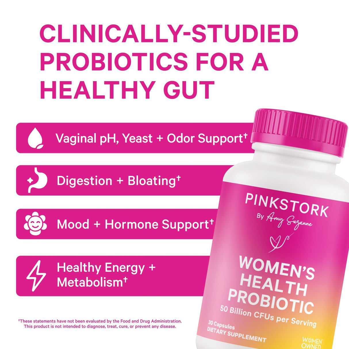 Pink Stork Women’s Probiotic Capsules – 50 Billion CFU Probiotics and Prebiotics – Supports Vaginal Flora, pH Balance, Gut Health, Mood + Digestive Wellness – Dairy-Free, Vegan, Non-GMO – 30 Count