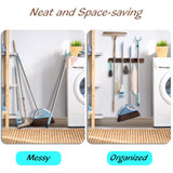 OUTNILI Mop and Broom Holder Wall Mount - Wood Broom Mop Hanger - Wall Mounted Garden Tool Rack Organizer for Closet Garage Laundry Room, Rustic Kitchen Decor With 4 Slots & 4 Hooks