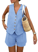 PRETTYGARDEN Women's Summer Two Piece Outfits Sleeveless Matching Sets Button Down V Neck Vest Waistcoat and Pockets Shorts (Light Blue,Large)