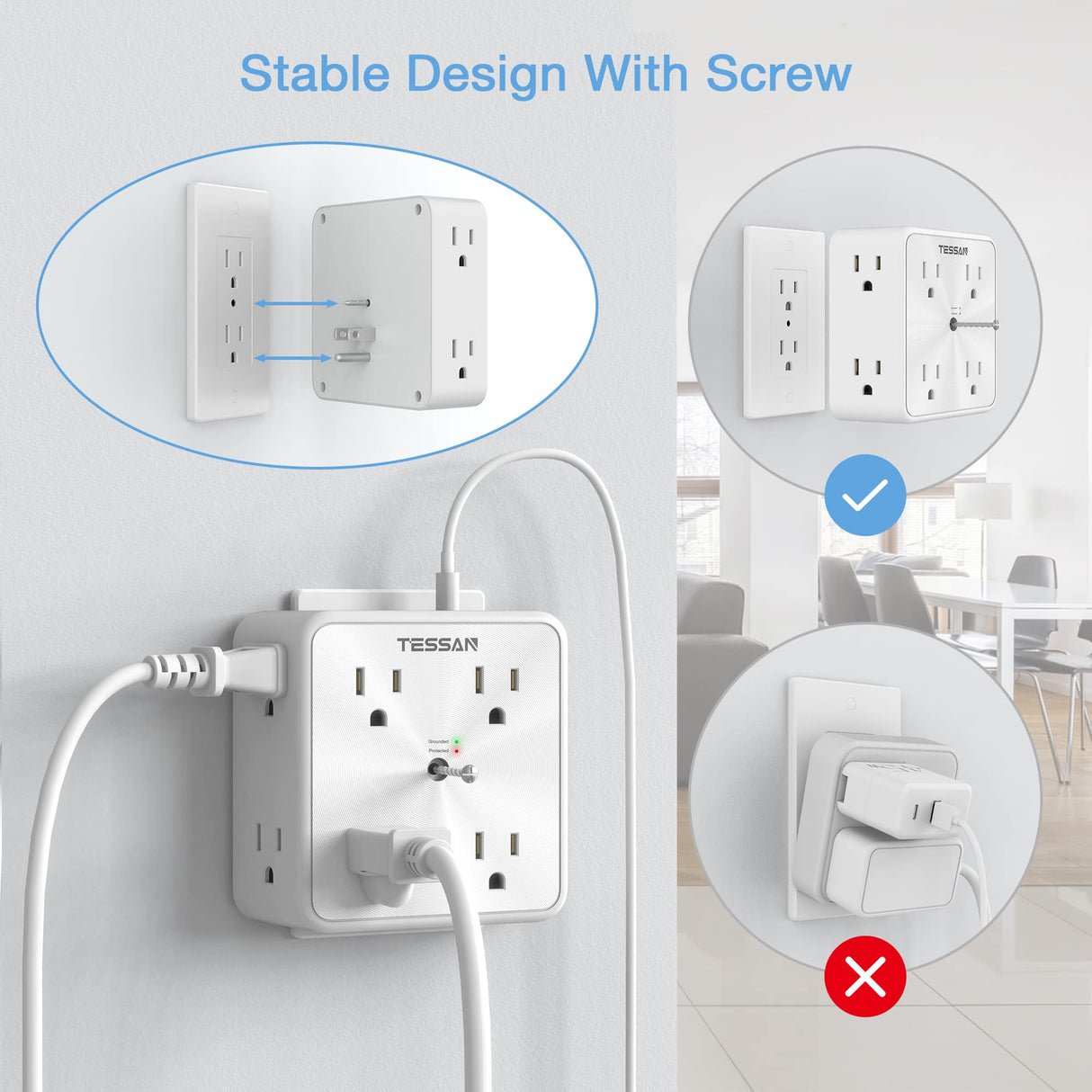 TESSAN 8 Outlet Surge Protector with 3 USB Wall Charger (1 USB C)
