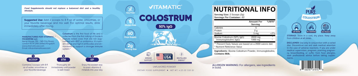 Vitamatic Bovine Colostrum Powder - 50% Highest IgG - Supplement for Gut Health, Hair Growth, Beauty, Muscle Recovery, & Immune Support - Easy to Mix - Unflavored - 60 Servings