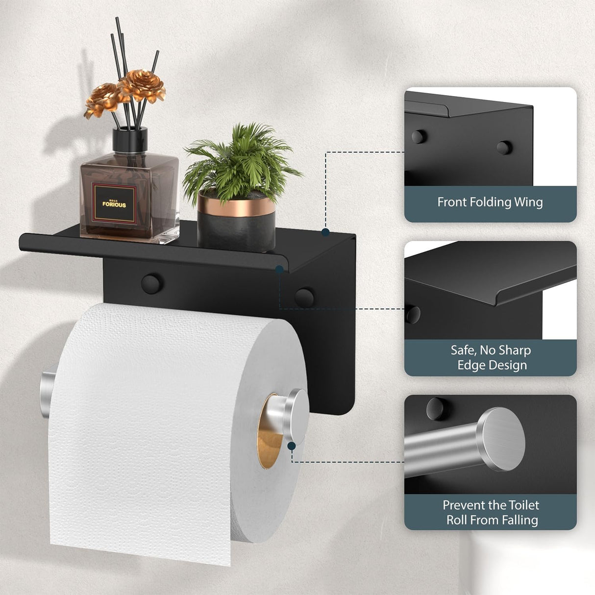 FORIOUS Toilet Paper Holder with Shelf, Adhesive or Screw Wall Mount Toilet Paper Roll Holder for Bathroom, Rustproof 304 Tissue Dispenser with Phone Shelf (1, Matte Black & Brushed Nickel)