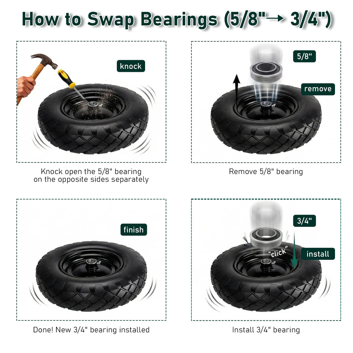 Upgraded 16" Flat Free Wheelbarrow Tire and Wheel, 4.80/4.00-8 Heavy Duty Solid Tire with 5/8" & 3/4" Bearings, 3"-7" Adjustable Hub - Universal for Wheelbarrows, Garden Trailer/Hand Truck - Black