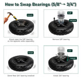 Upgraded 16" Flat Free Wheelbarrow Tire and Wheel, 4.80/4.00-8 Heavy Duty Solid Tire with 5/8" & 3/4" Bearings, 3"-7" Adjustable Hub - Universal for Wheelbarrows, Garden Trailer/Hand Truck - Black