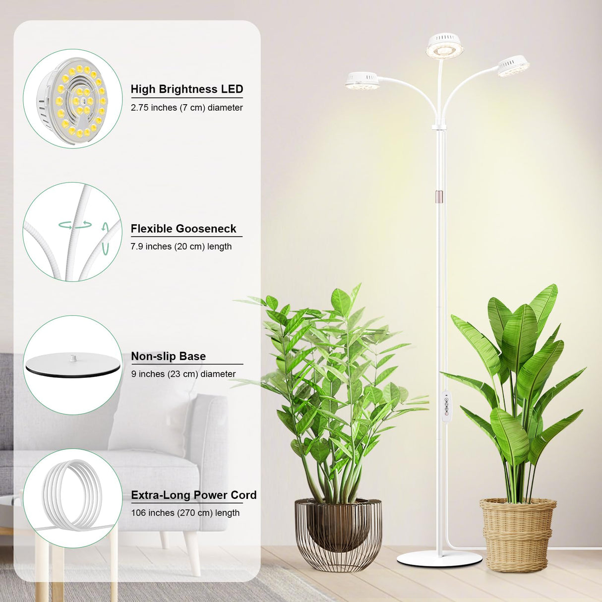 LORDEM Full Spectrum Plant Light for Indoor Growing,Tri-Head Grow Light with Stand for Large Plants,Auto ON/Off Timer 6/8/12/16H, 5 Dimmable Levels, 20-70 inches Adjustable Height