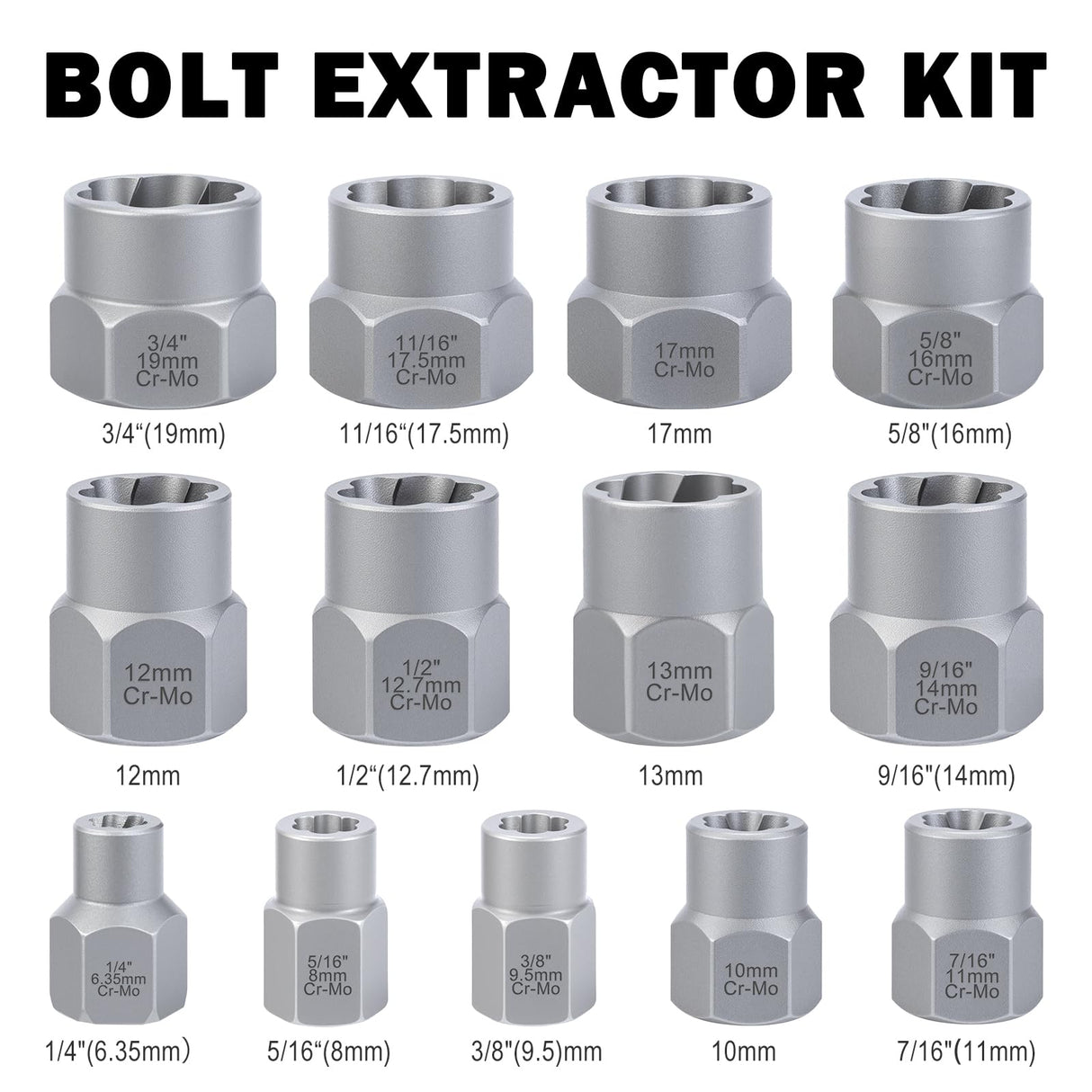 Bolt Extractor Kit, 14 PCS Impact Bolt & Nut Remover Set with 3/8 Inch Adapter, Upgrade Stripped Bolt Extractor Socket Set with Portable Tool Box, Easy Out for Rusted, Damaged, Round Bolt Nuts Screws