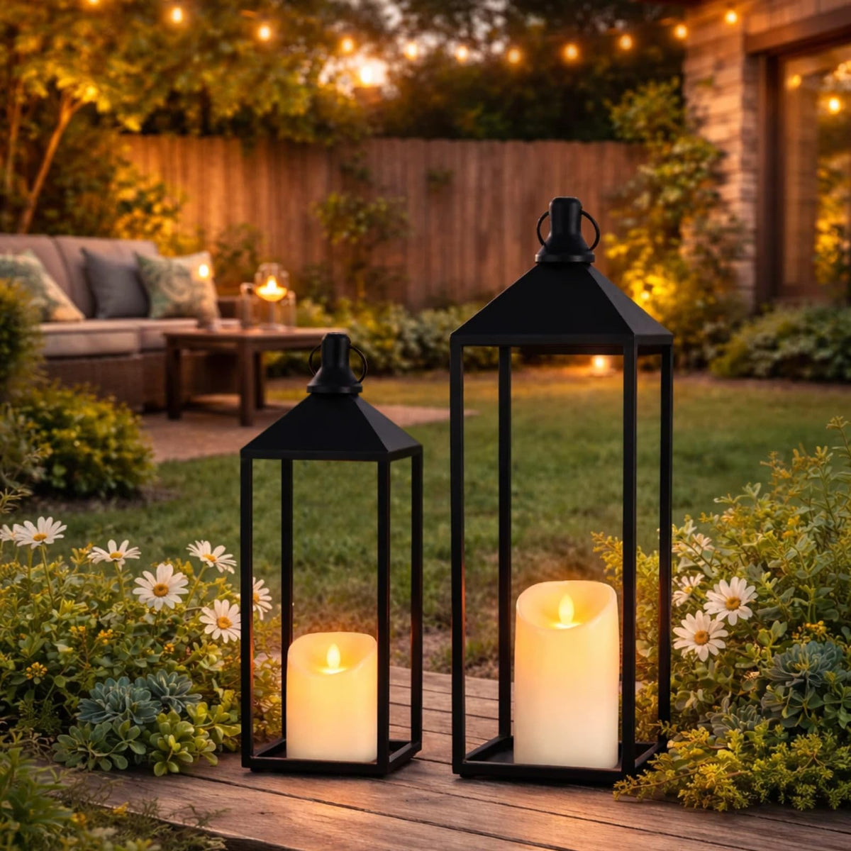 Lanterns Decorative Outdoor Indoor, 17" 13" Set of 2 Black Candle Lanterns