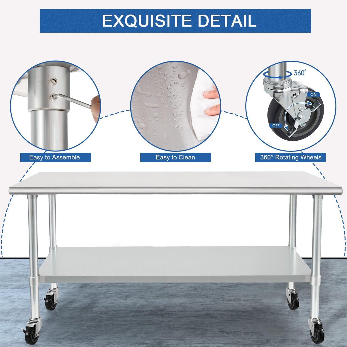 HARDURA Stainless Steel Table with Wheels 30 x 72 Inches Casters NSF Heavy Duty Commercial Prep Table with Undershelf and Galvanized Legs for Food Prep