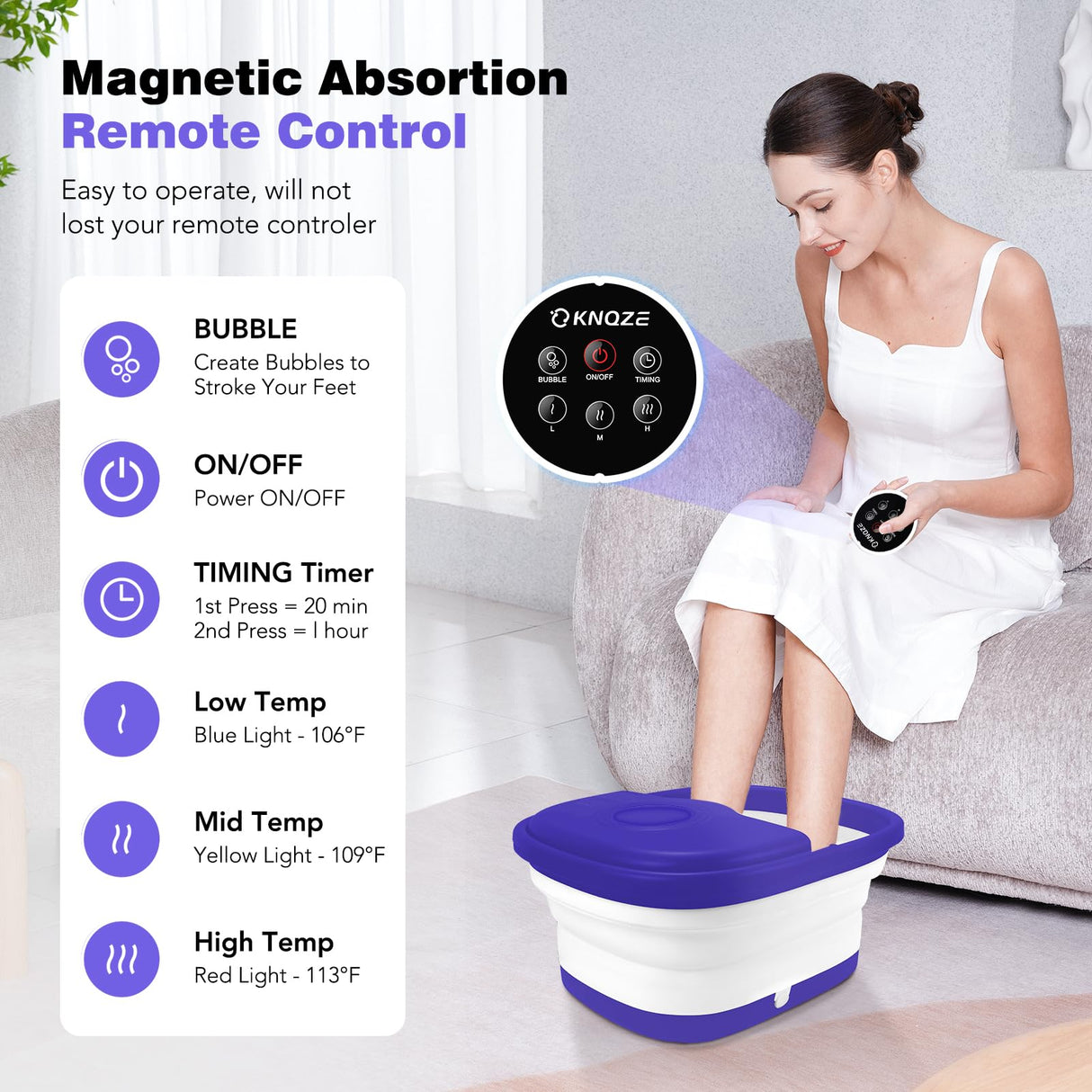 Collapsible Foot Spa Bath with Heat, Remote Control, Temperature Control, Bubbles, Pumice Stone, Red Light, Timer, 16 Massage Roller Pedicure Foot Spa for Relaxation and Stress Relief, Purple