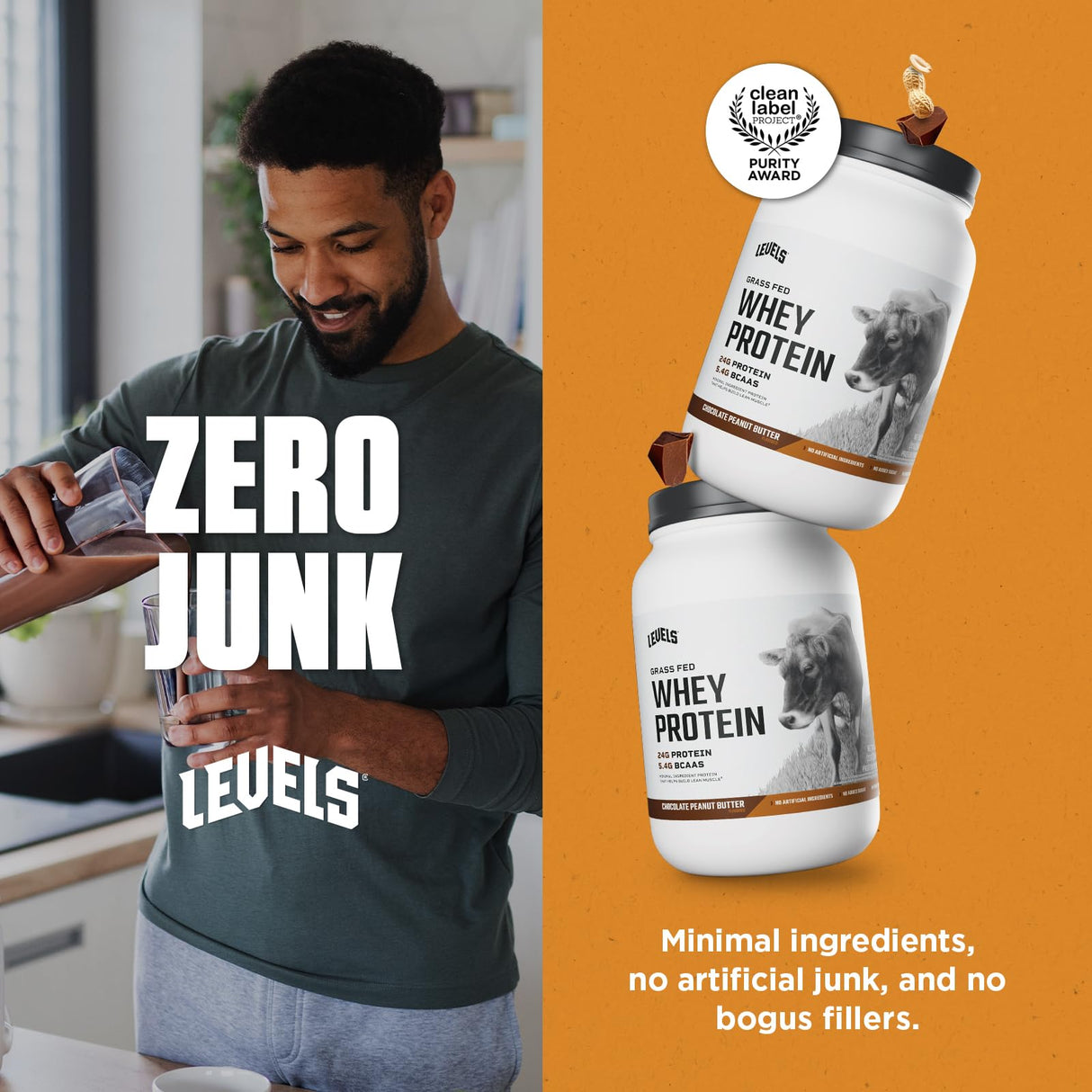 Levels Grass Fed Whey Protein Powder, No Artificials, 24G of Protein, Chocolate Peanut Butter, 2LB