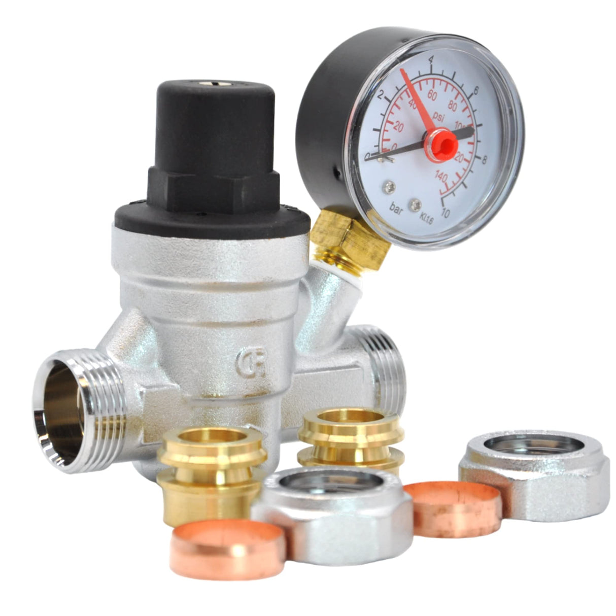 Kudos-Trading - Water Pressure Reducing Regulator Valve for 22mm Compression & 15mm Copper Piping Adjustable 1-6 Bar Brass Adjustable Pressure Reducing Valve with Gauge.