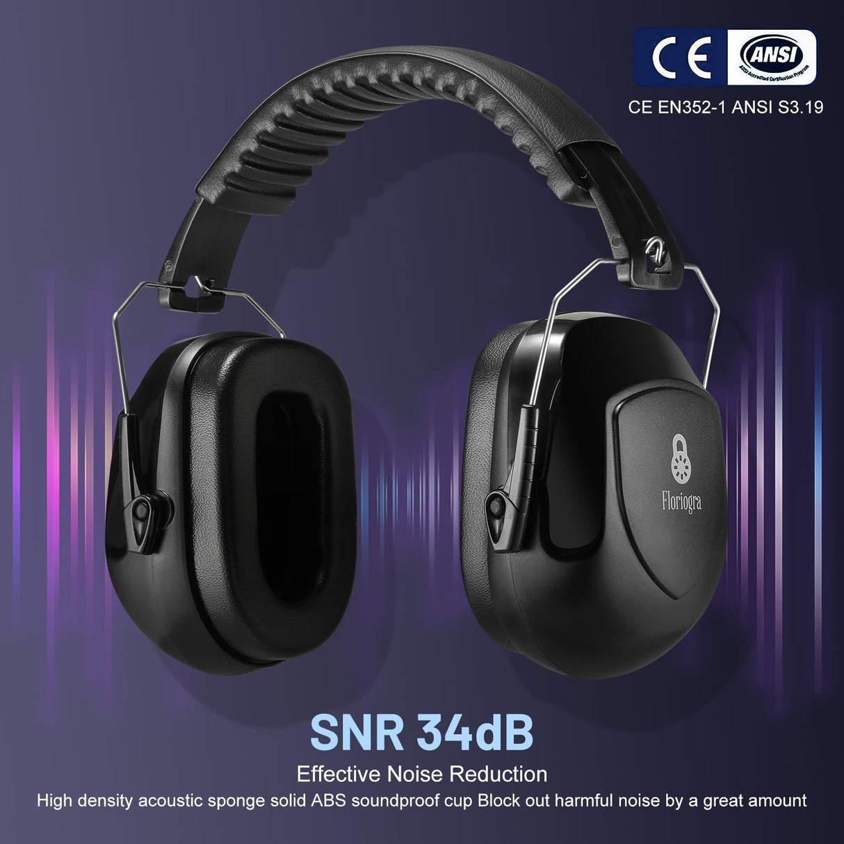 Floriogra 2 Pack 34dB Noise Canceling Headphones For Shooting, Hearing Protection Earmuffs, Ear Protection Headphones, Thickened Headband Ear Muff For Noise Reduction for Shooting, Construction,Mowing
