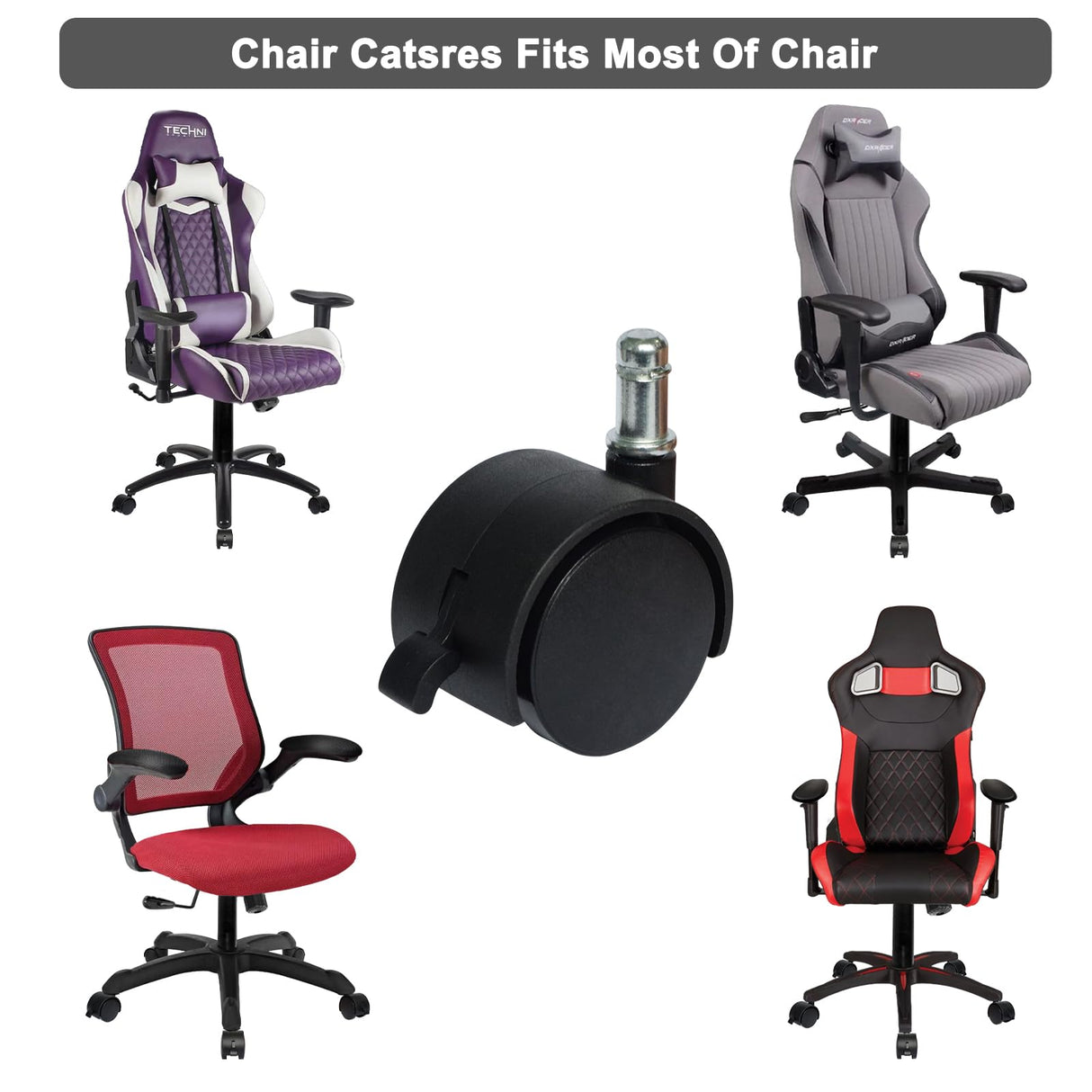 MySit 2" Replacement Office Chair or Stool Caster Wheels - with Brake (Set of 5)