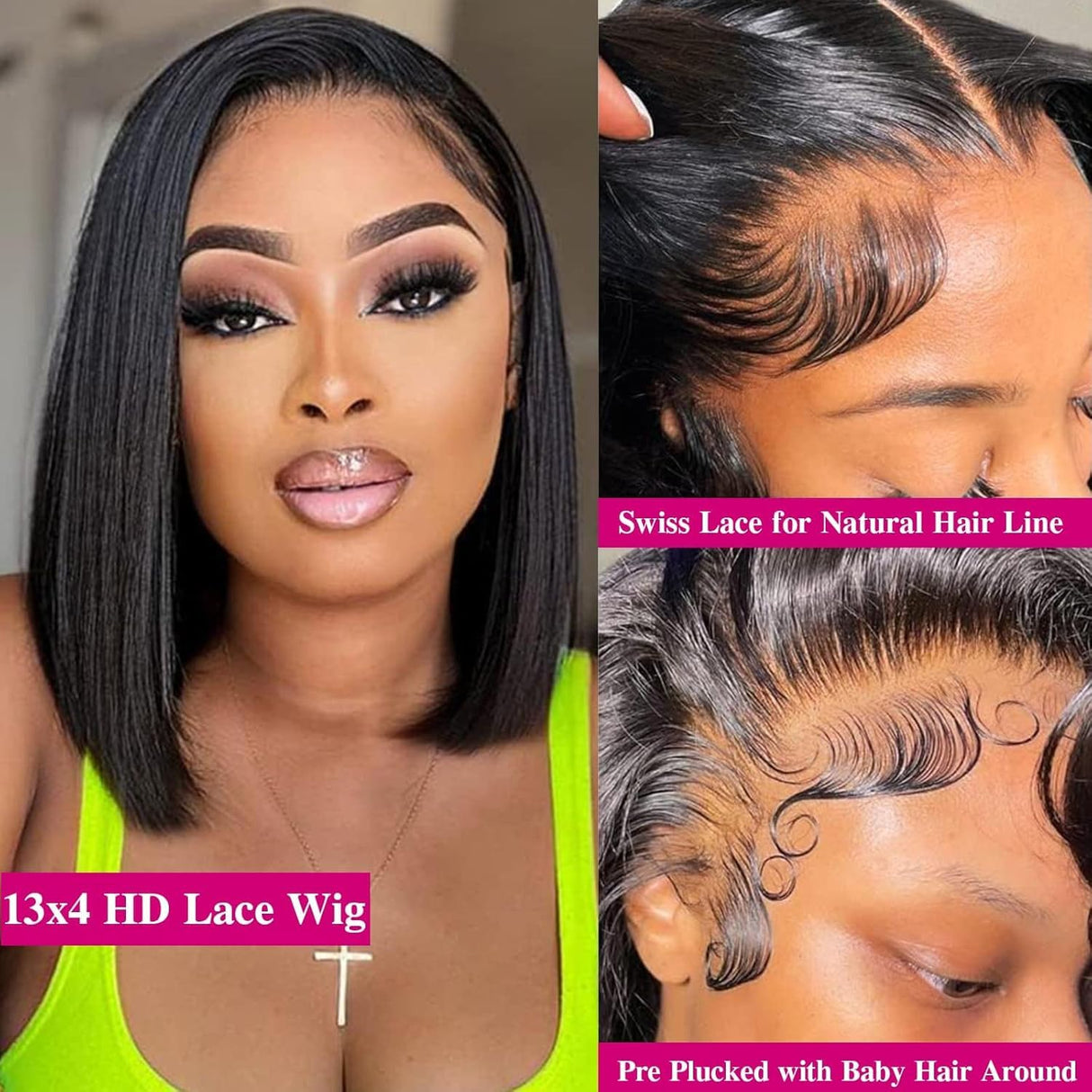 HUIWANYAN Lace Front Wigs Human Hair 13x4 HD Lace Front Wig Glueless Wigs Human Hair Pre Plucked Short Straight Bob Lace Front Wigs Human Hair For Black Women Nature Hairline 180% Density 12 Inch