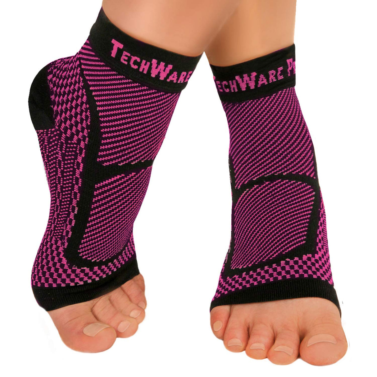 TechWare Pro Ankle Brace Compression Sleeve - Relieves Achilles Tendonitis, Joint Pain. Plantar Fasciitis Foot Sock with Arch Support Reduces Swelling & Heel Spur Pain. (Black/Pink, L/XL)