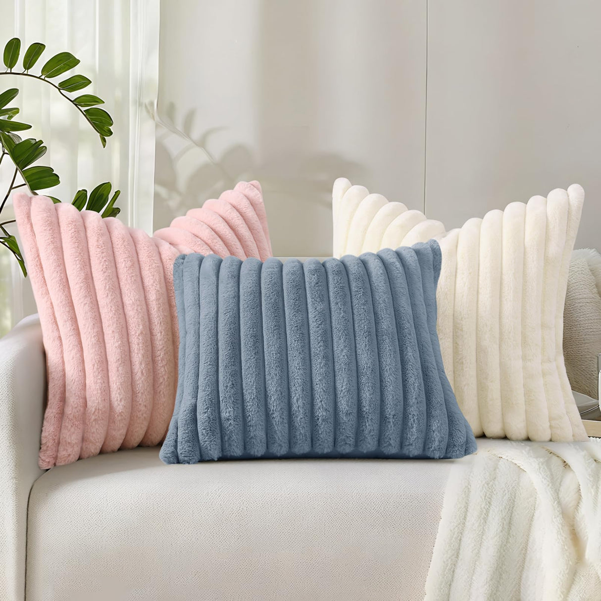 decorUhome Faux Fur Christmas Throw Pillow Covers 22x22 Set of 2, Decorative Soft Plush Striped Neutral Couch Euro Pillow Covers with Velvet Back for Sofa, Bed, Living Room Home Decor, Cream White
