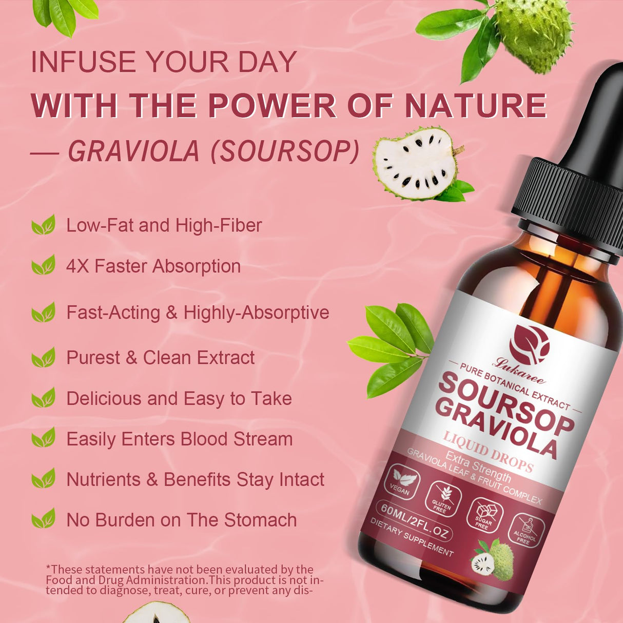 Soursop Graviola Liquid Drop - Pure Leave & Fruit Complex - 4X Effectiveness - Soursop Bitters Liquid for Immunity, Liver & Antioxidant, Herbal Goodness, 2 Month Supply, 4 Fl Oz