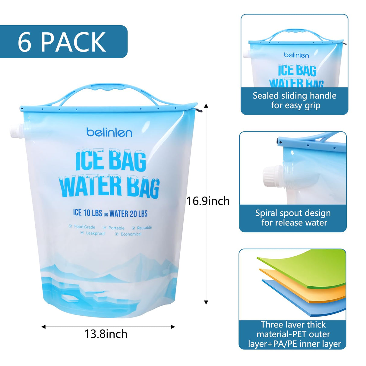 Belinlen 6 Pack Reusable Ice Bags for Cooler 10lb Cooler Ice Cube Bag with Sealed Sliding Handle, ice Lock Watertight ice Bag Large Leakproof Ice Bag for Camping, Hiking, and Drinks(13.8 x 19.7)