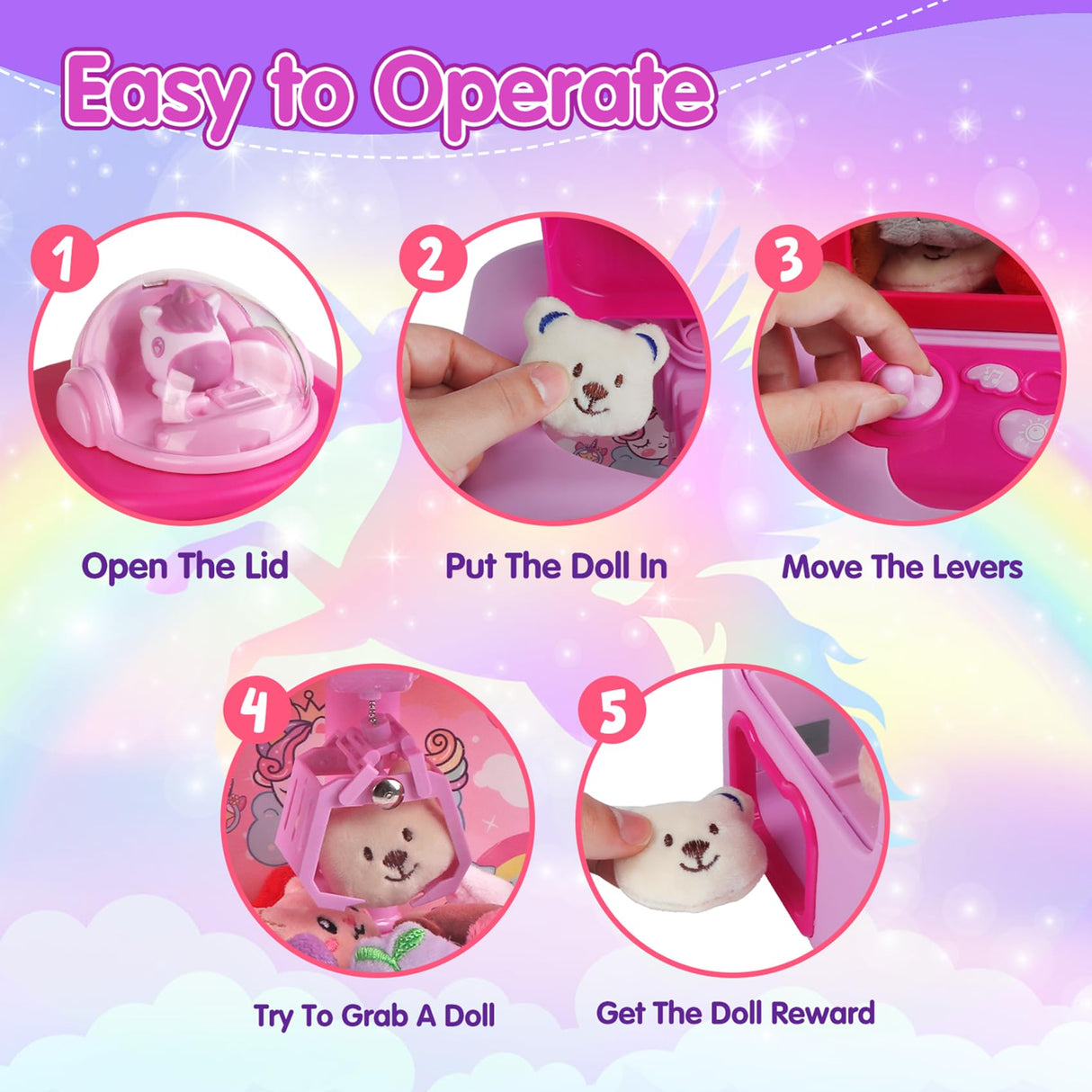 TingingYuli Claw Machine for Kids,Unicorn Mini Vending Machines Candy Grabber Prize Dispenser Toys for Girls,Electronic Arcade Game with 20 Mini Plush Toys for Christmas Easter Birthday Gifts