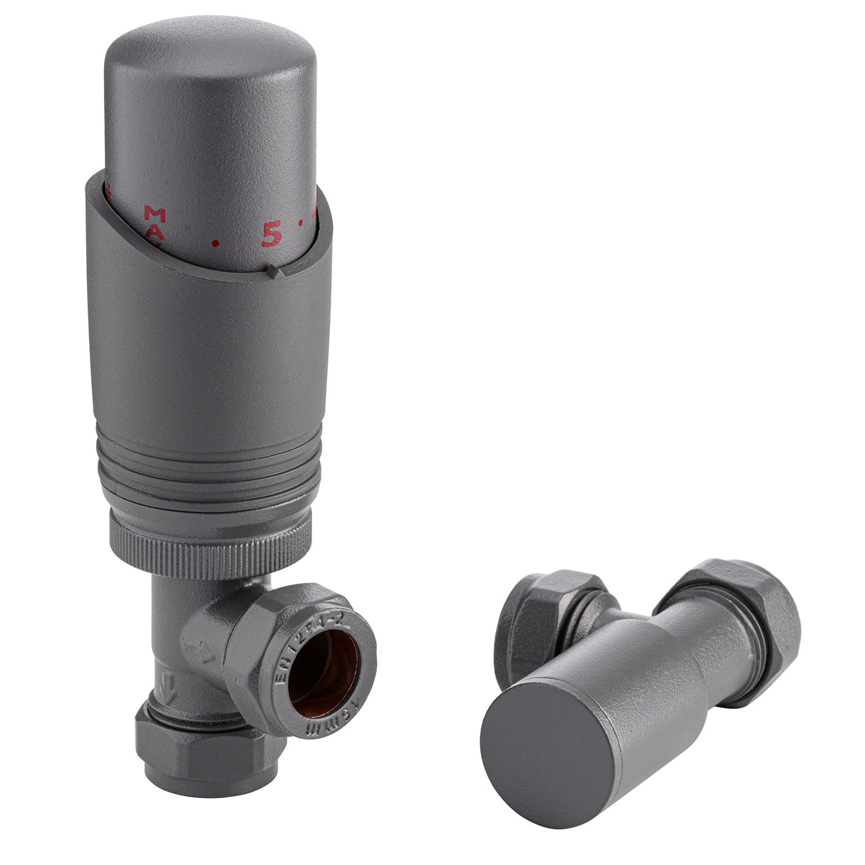 Sandy Beach Anthracite Radiator Valves, Grey Radiator Valve Thermostatic, Anthracite TRV Radiator Valves - Grey Thermostatic Radiator Valve with Lockshield Valve Angled (15mm)