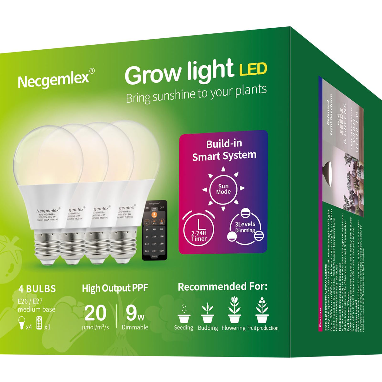 Necgemlex Smart LED Grow Light Bulbs with Remote Controller, Sun Simulation Mode, Built-in Auto Timer, A21/A70 E26/E27 9W Dimmable Full Spectrum Intelligent Plant Grow Bulbs for Indoor Plants, 4 Pack