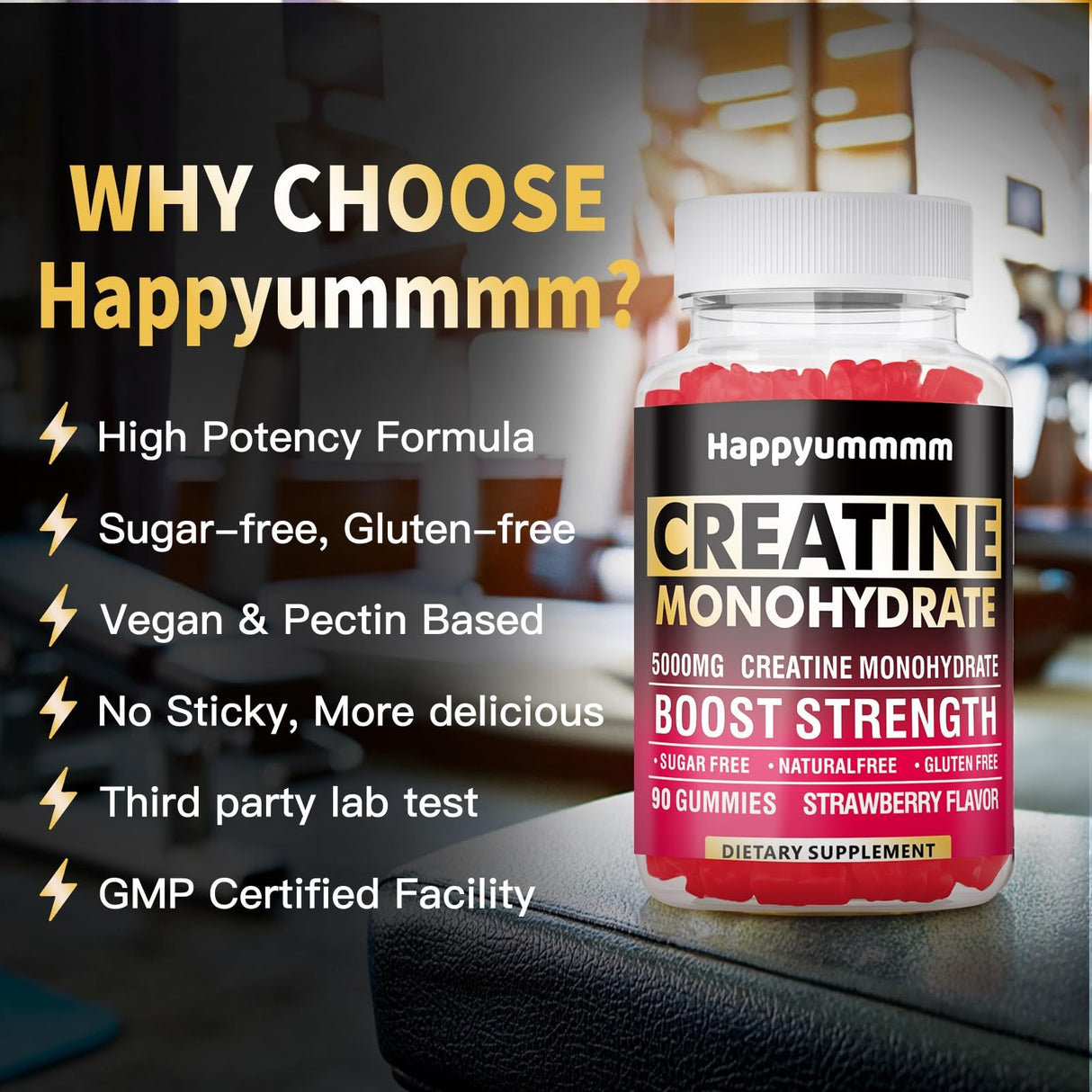 Happyummmm Creatine Monohydrate Gummies 5000mg for Men & Women, Chewables Creatine Monohydrate for Muscle Strength, Muscle Builder, Energy Boost, Pre-Workout Supplement(90 Count)-Strawberry.