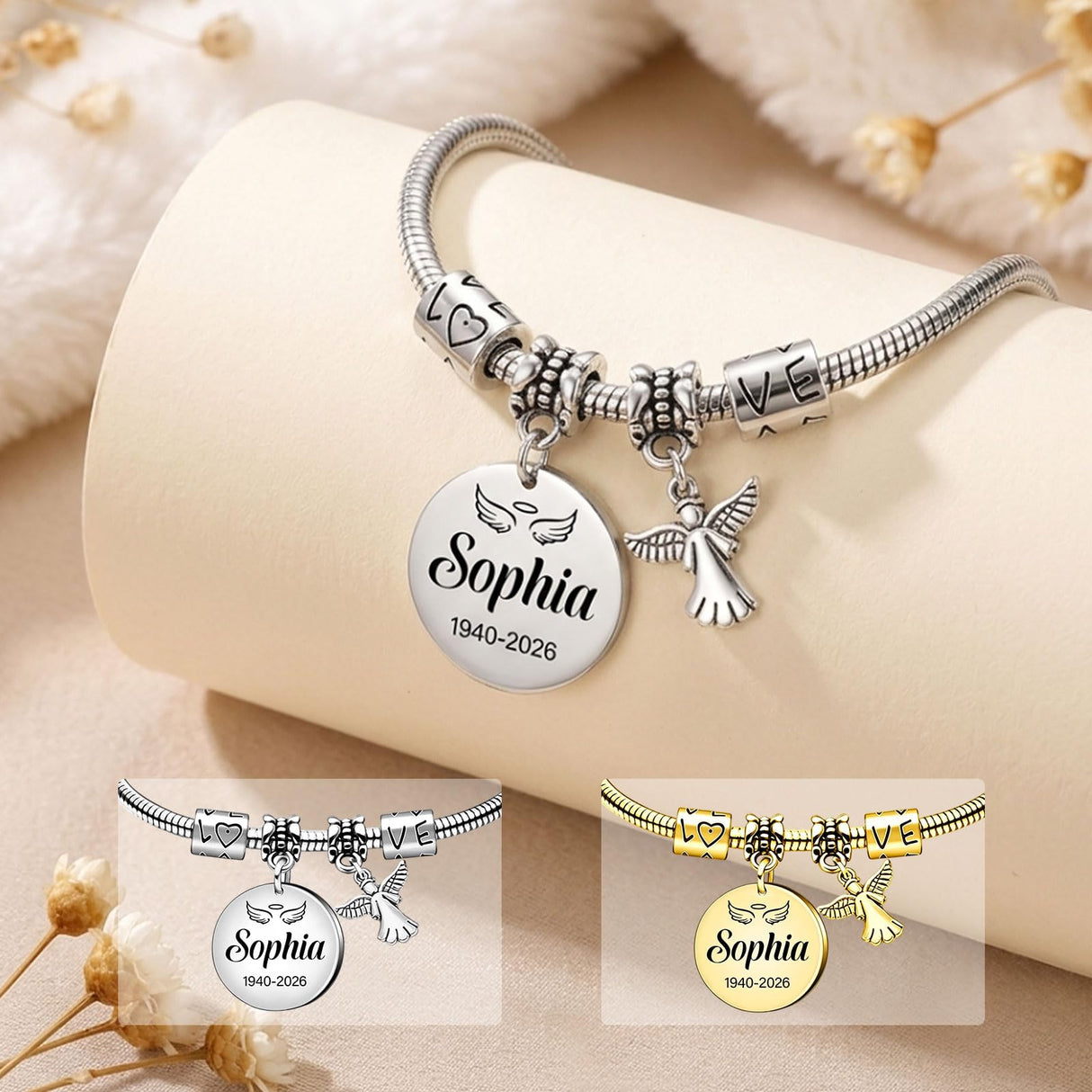 HAPPARY Silver Bracelets for Women Men,Custom Memory Bracelets for Loss Loved One with Name Dates,Personalized Adjustable Bracelet,Sympathy Bracelet for Loss of Husband,Memorial Angel Charms Keepsake