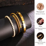 JUNVirtuous 3-Pack Gold Bracelets for Women,18K Gold Plated Bangle Tennis Bracelets Stack Set for Women Trendy Non Tarnish Stainless Steel Gold Bangles Accessories Designer Jewelry Pulseras Para Mujer