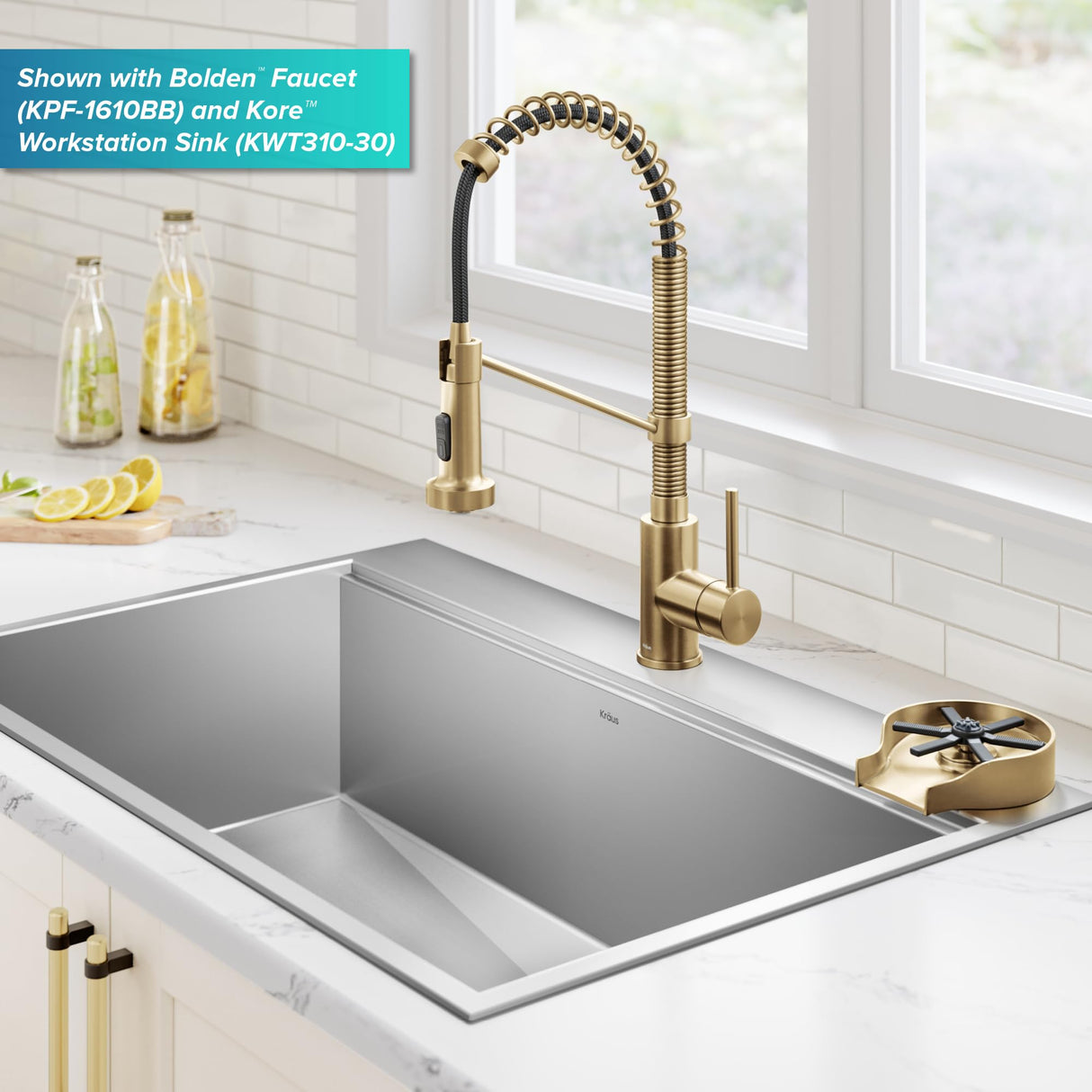 KRAUS CleanMate Glass Rinser for Kitchen Sink in Spot-Free Brushed Brass Color Finish, KGR-500SFBB