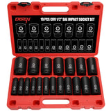 DISEN 19 Pcs 1/2" SAE Impact Socket Set, Deep Sockets 3/8"- 1-1/2", 6-Point Cr-V & Alloy Steel, 1/2 Inches Drive Impact Socket Set,Rugged Construction, Enhanced Storage Case