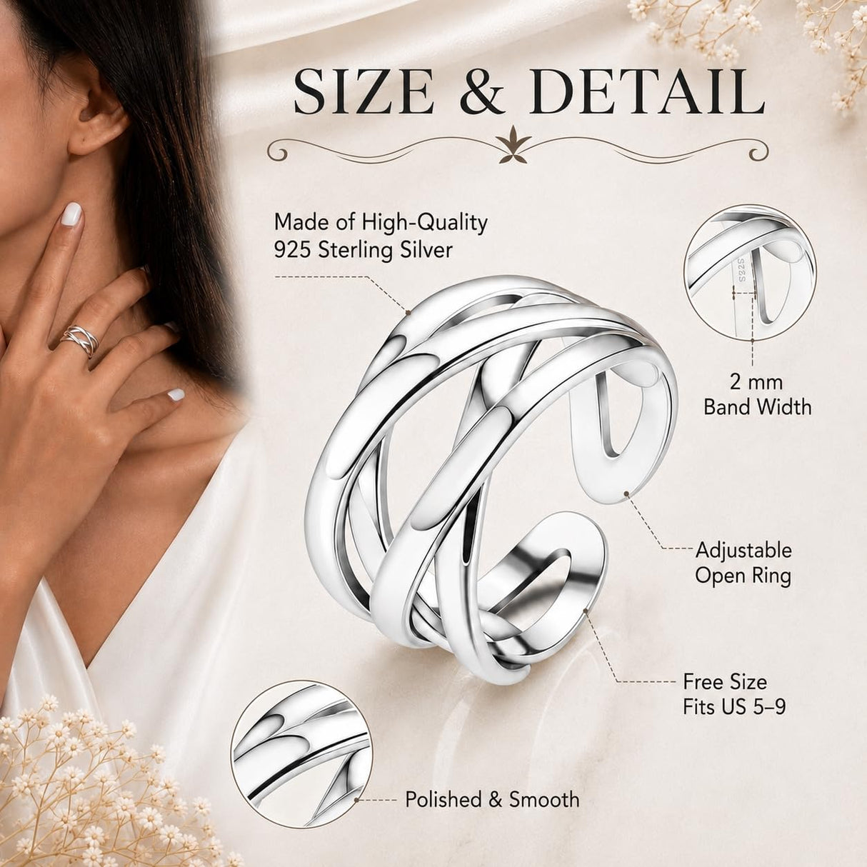 ZELORES Adjustable 925 Sterling Silver Celtic Knot Rings Open Knuckle Rings for Women Thumb Finger Rings Minimalist Cross Line Band Rings (Silver)