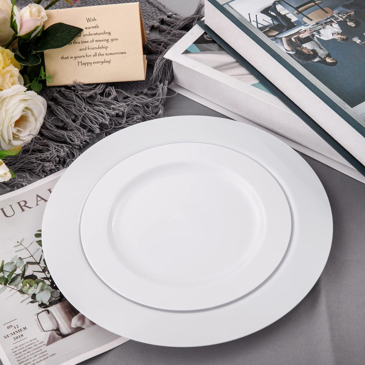 FLOWERCAT 60PCS White Plastic Plates - Heavy Duty White Disposable Plates for Christmas/Thanksgiving Party/Wedding -serve for 30 guests Include 30PCS 10.25" & 30PCS 7.5" Plates for Party