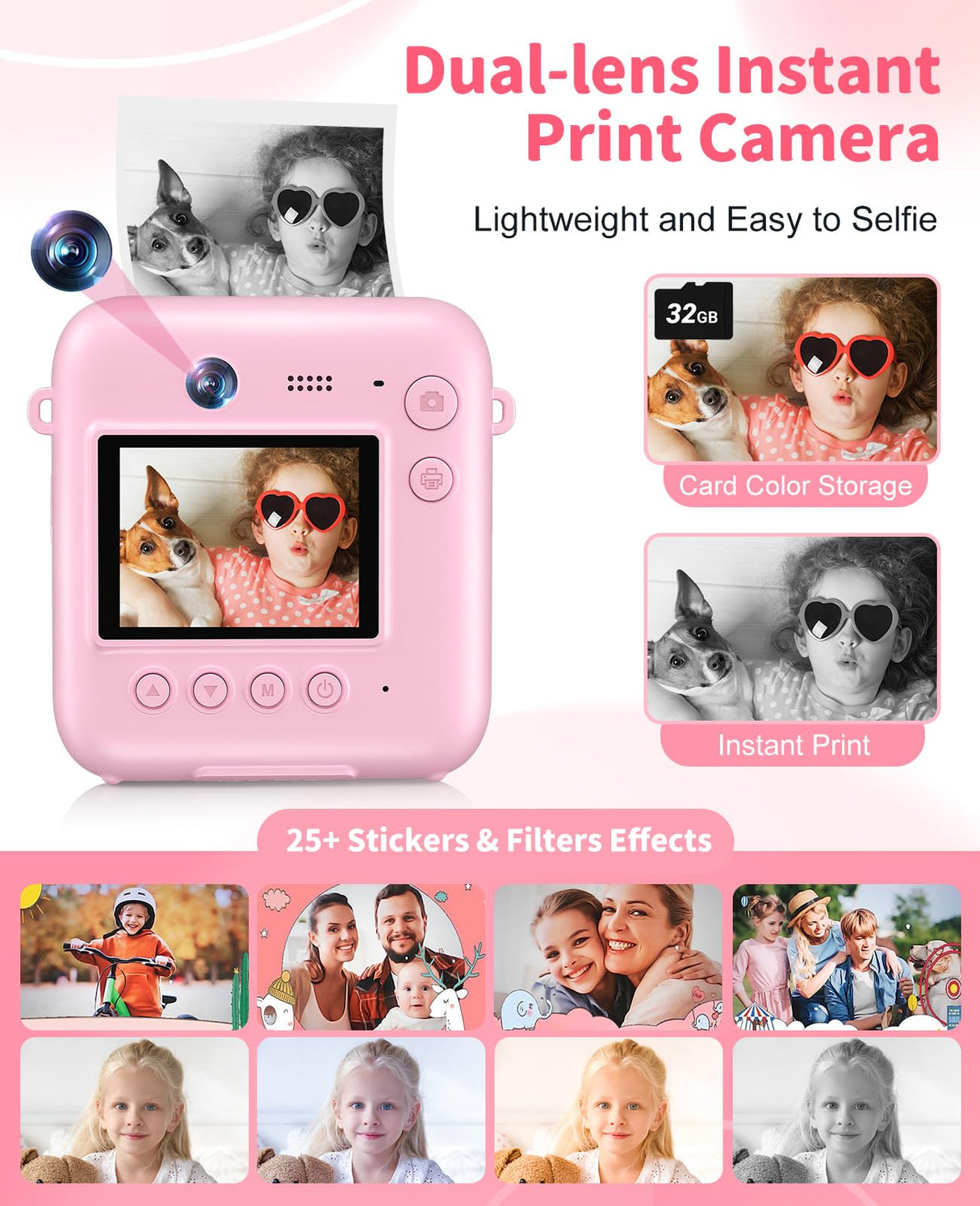 Digital Camera for Kids Instant Print, 48MP Dual-Lens Kids Camera for Girls Boys Christmas Birthday Gifts, 1080P Video Selfie Instant Cameras, Portable Toddler for 4-12 Years with 32GB Card-Pink