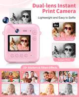 Digital Camera for Kids Instant Print, 48MP Dual-Lens Kids Camera for Girls Boys Christmas Birthday Gifts, 1080P Video Selfie Instant Cameras, Portable Toddler for 4-12 Years with 32GB Card-Pink