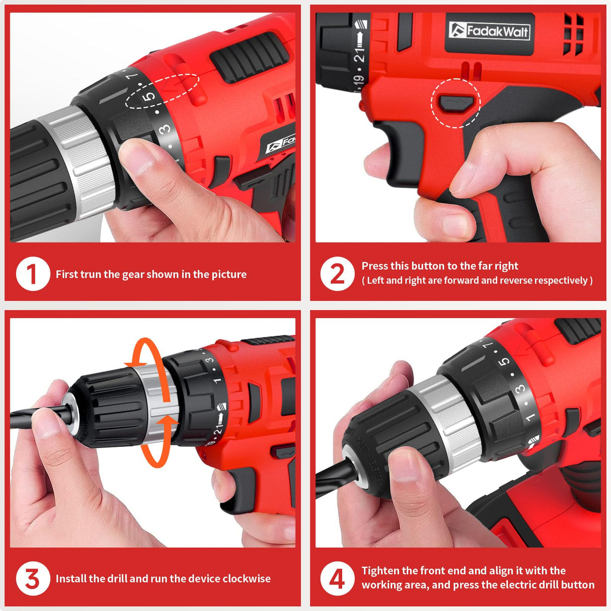 FADAKWALT Cordless Drill Set Red-7420