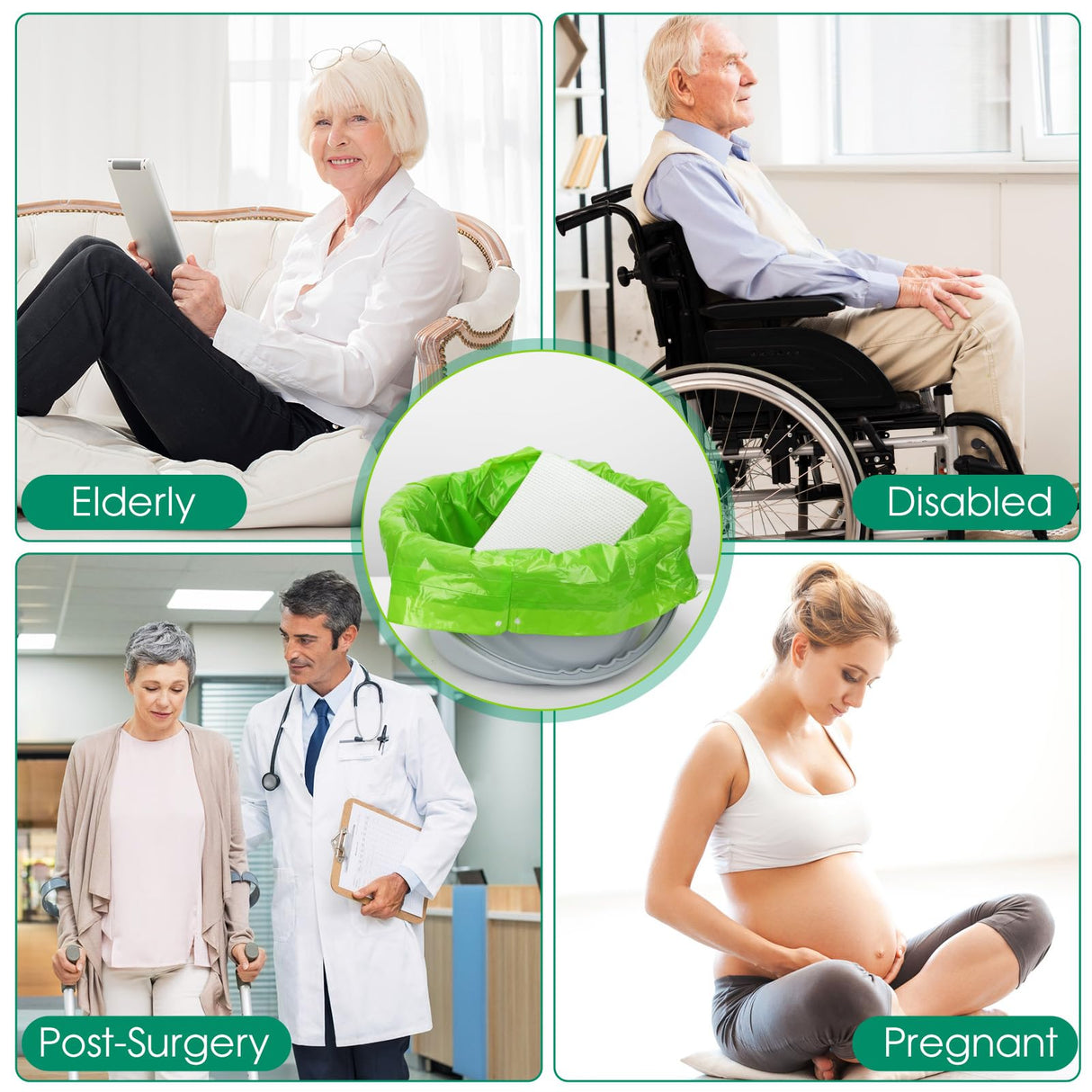 BOOWOO Bedside Commode Liners with Absorbent Pads, 50 Disposable Commode Bags and 50 Pads, Scented Adult Potty Chair Liners, Portable Commode Poop Bags for Commode Chair, Bedpan, Bucket Toilet