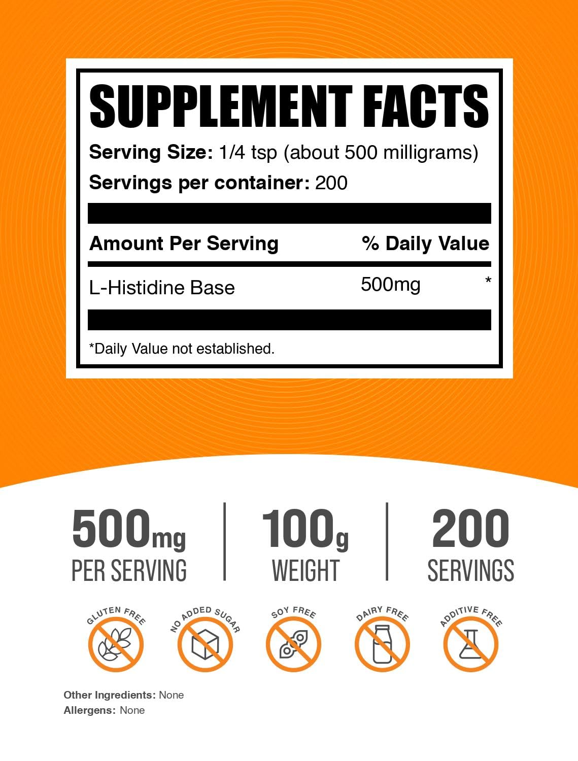 BulkSupplements.com L-Histidine Powder - as L-Histidine Base, Histidine Supplement - Essential Amino Acid & Gluten Free, 500mg per Serving, 100g (3.5 oz) (Pack of 1)