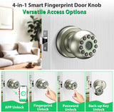 Smart Door Knob Fingerprint Door Lock 4-in-1 Keyless Entry (Fingerprint/App/Code/Key) with Auto-Lock Easy Install for Home/Bedroom/Office-Silver