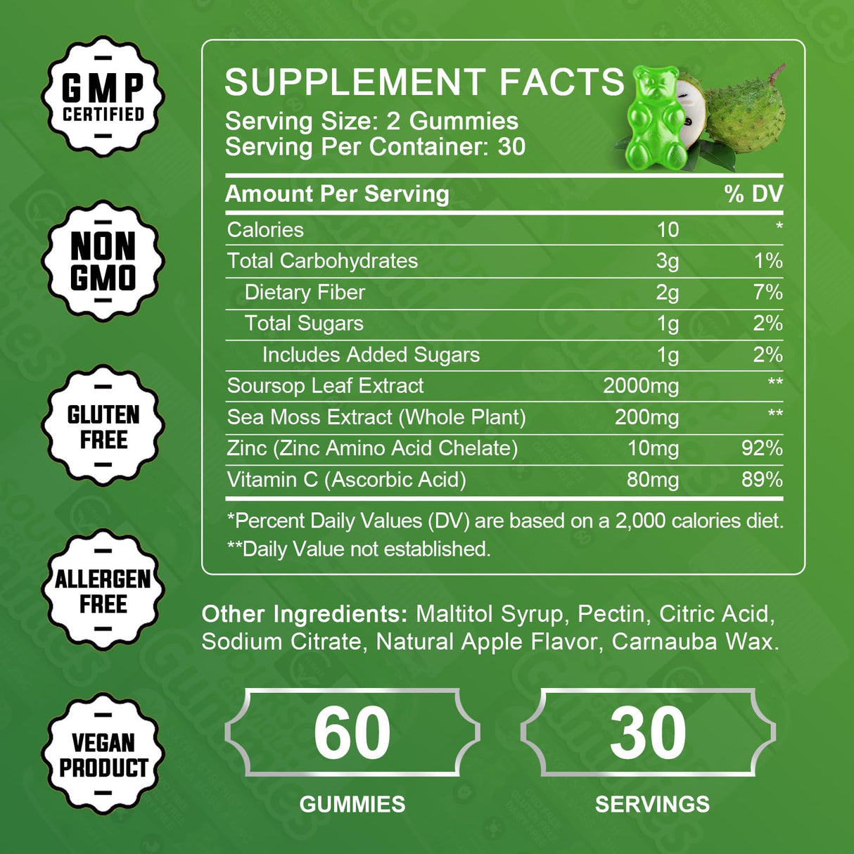 (2 Pack) Soursop Graviola Gummies - 2200mg Extra Strength Soursop Leaves Extract w/Sea Moss Extract 200mg, Zinc & Vitamin C - Supports Immunity, Liver & Digestive, Gluten Free, Vegan, 120 Gummies