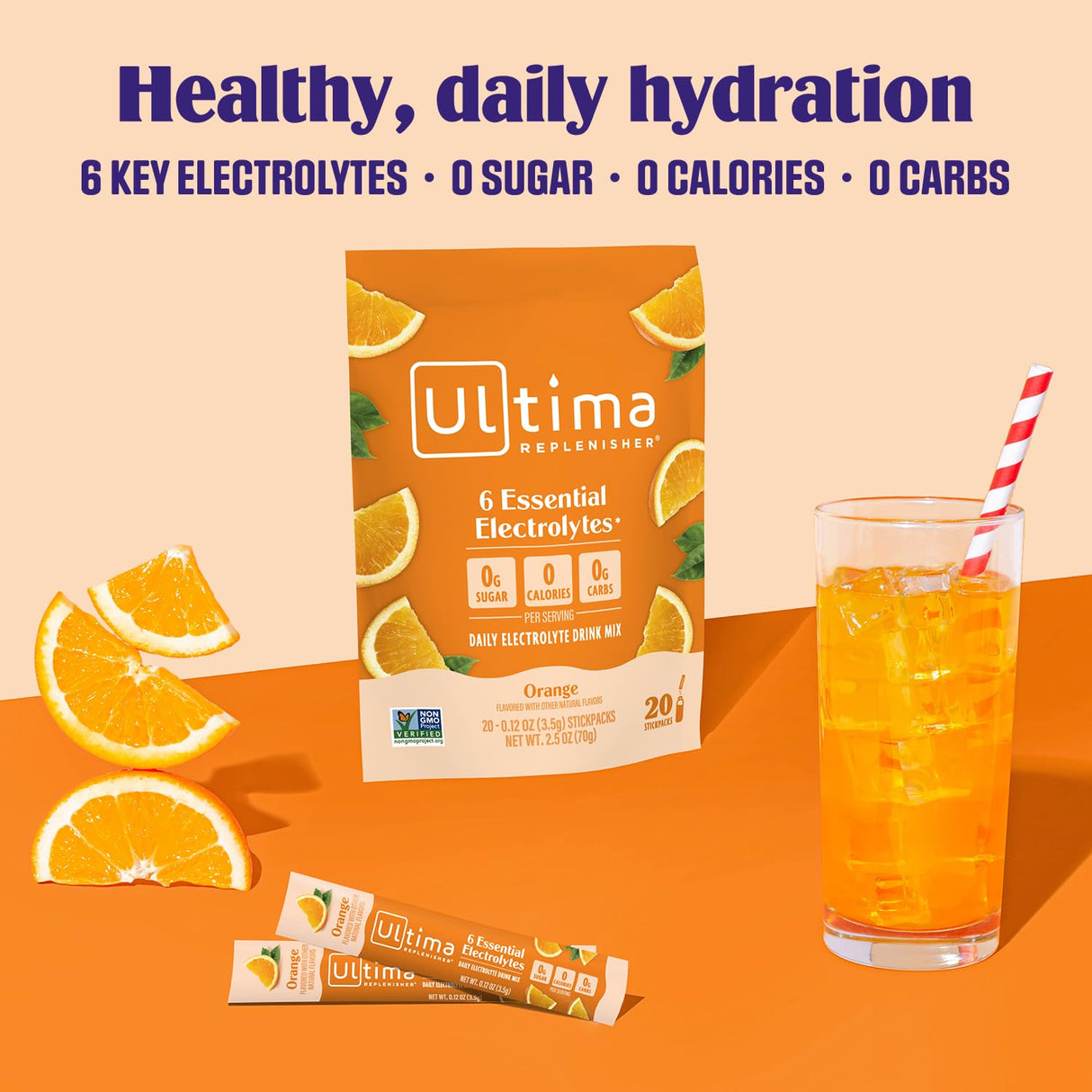 Ultima Replenisher Daily Electrolyte Powder Drink Mix –Sugar Free – Orange, 20 Stickpacks – Hydration Packets with 6 Key Electrolytes and Trace Minerals – Keto Friendly, Vegan, Non-GMO