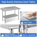 ROCKPOINT Stainless Steel Table for Prep & Work with Backsplash 24x24 Inches, NSF Metal Commercial Kitchen Heavy Duty Table with Adjustable Under Shelf and Table Foot for Restaurant, Home and Hotel