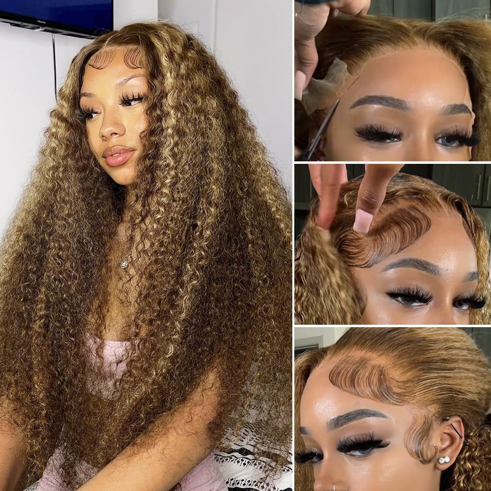 CYNOSURE 4/27 Highlight 13x5 Lace Front Wigs Human Hair Curly Wave Ombre Honey Blonde HD Lace Front wig Human Hair Pre Plucked 180 Density 26 inch Frontal wig Colored