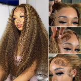 CYNOSURE 4/27 Highlight 13x5 Lace Front Wigs Human Hair Curly Wave Ombre Honey Blonde HD Lace Front wig Human Hair Pre Plucked 180 Density 26 inch Frontal wig Colored