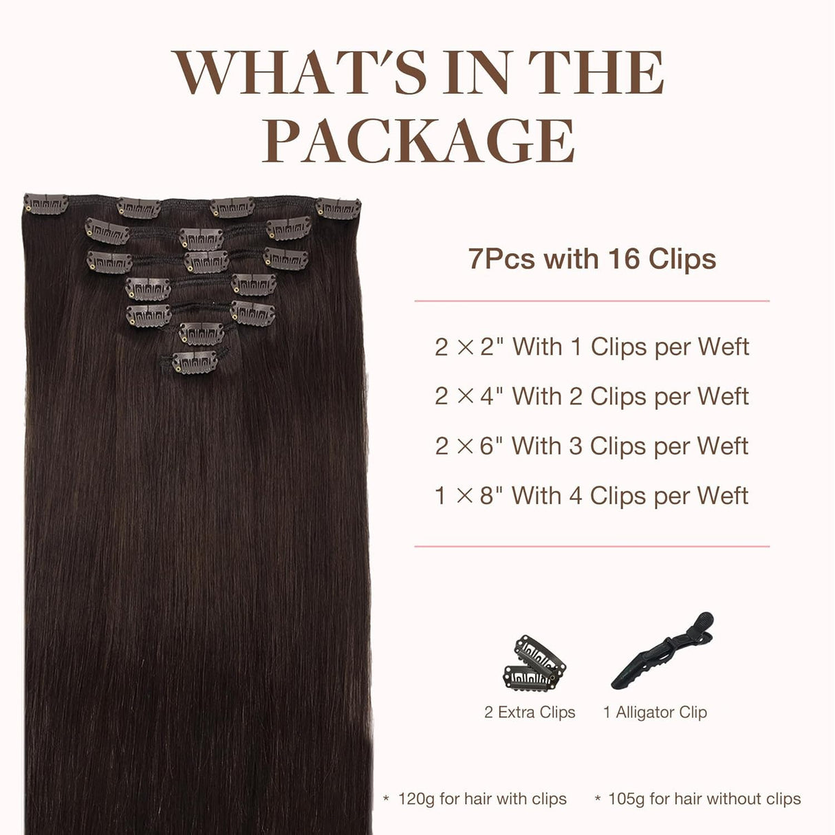 GOO GOO Clip in Hair Extensions Real Human Hair, Remy Human Hair Extensions Clip ins for Women, Natural Human Hair, 18inch 120g 7Pcs, 2A Light Brown