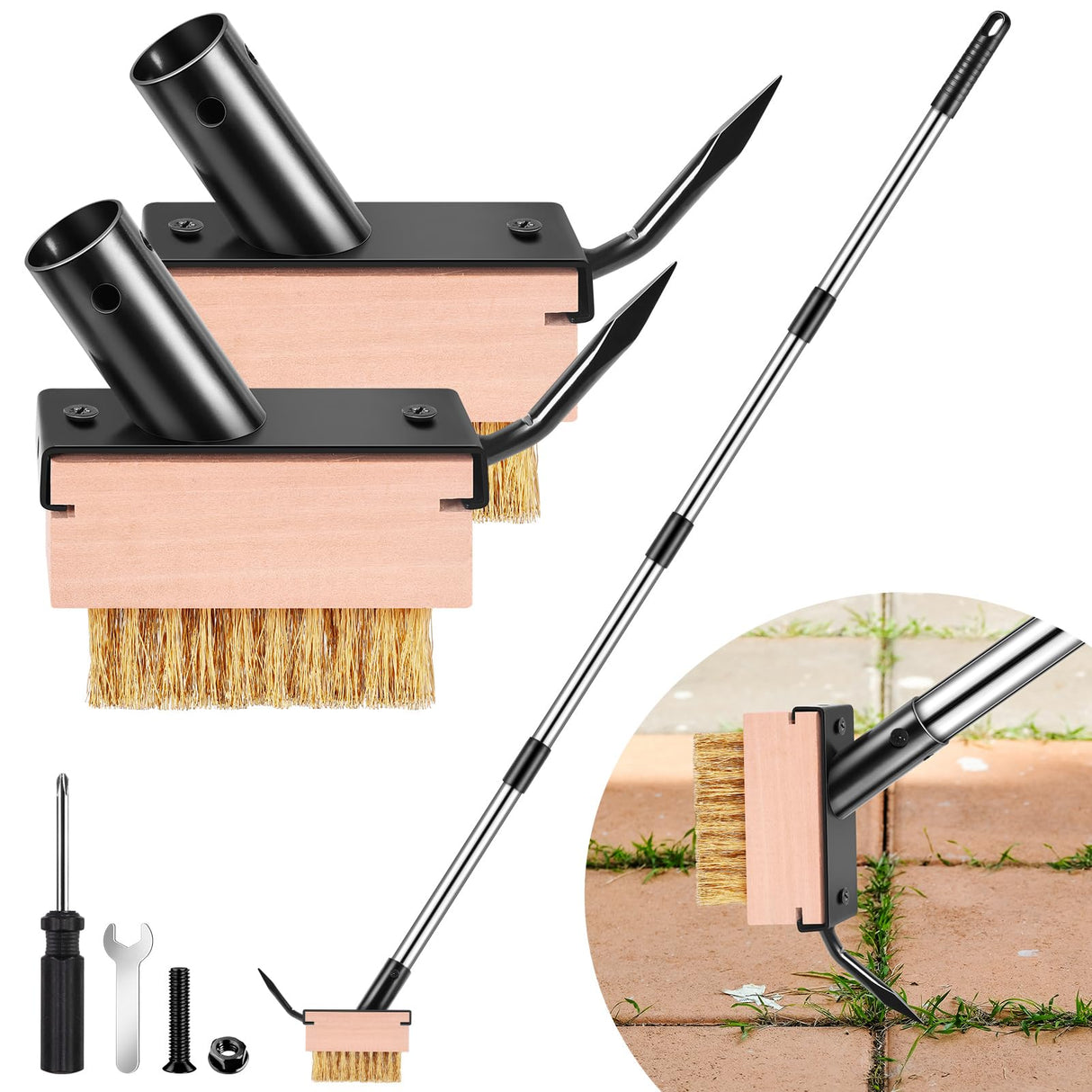 MUDEREK Crack Weeder Tool - Weed Puller Tool with 2 Heads and Scraping Hook, Paver Weeding Moss Remover Brush with Adjustable Steel Handle for Cleaning Paving Joint Sidewalk Patio Stone Driveway Deck